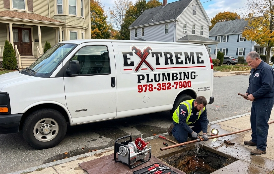 emergency plumber in essex county ma repairing burst pipe near service truck 978-352-7900